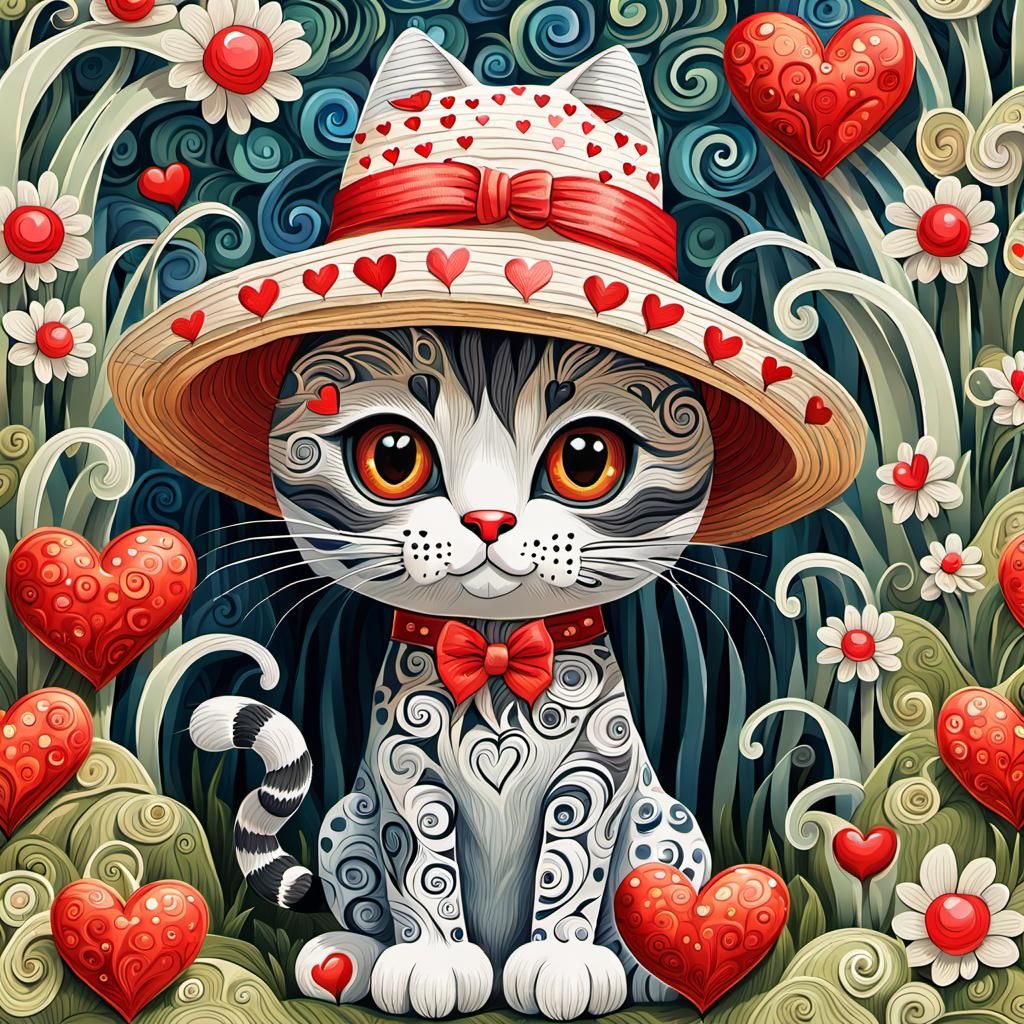 In the garden, the Hearts pattern cat doll wears a straw hat. Its big eyes sparkle like Hearts. It is ...  by @HIKER