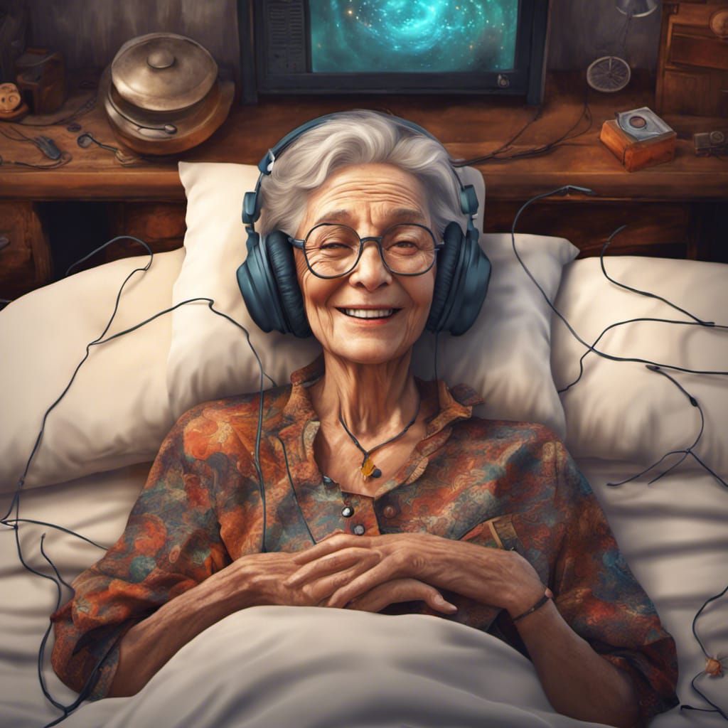 Old woman lying in bed smiling. Headphones on. Musical notes. 70s theme.  by @Gary_Smith