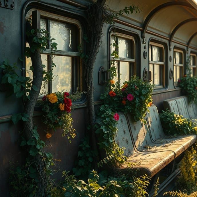 Abandoned seating car of an old train  by @Ana