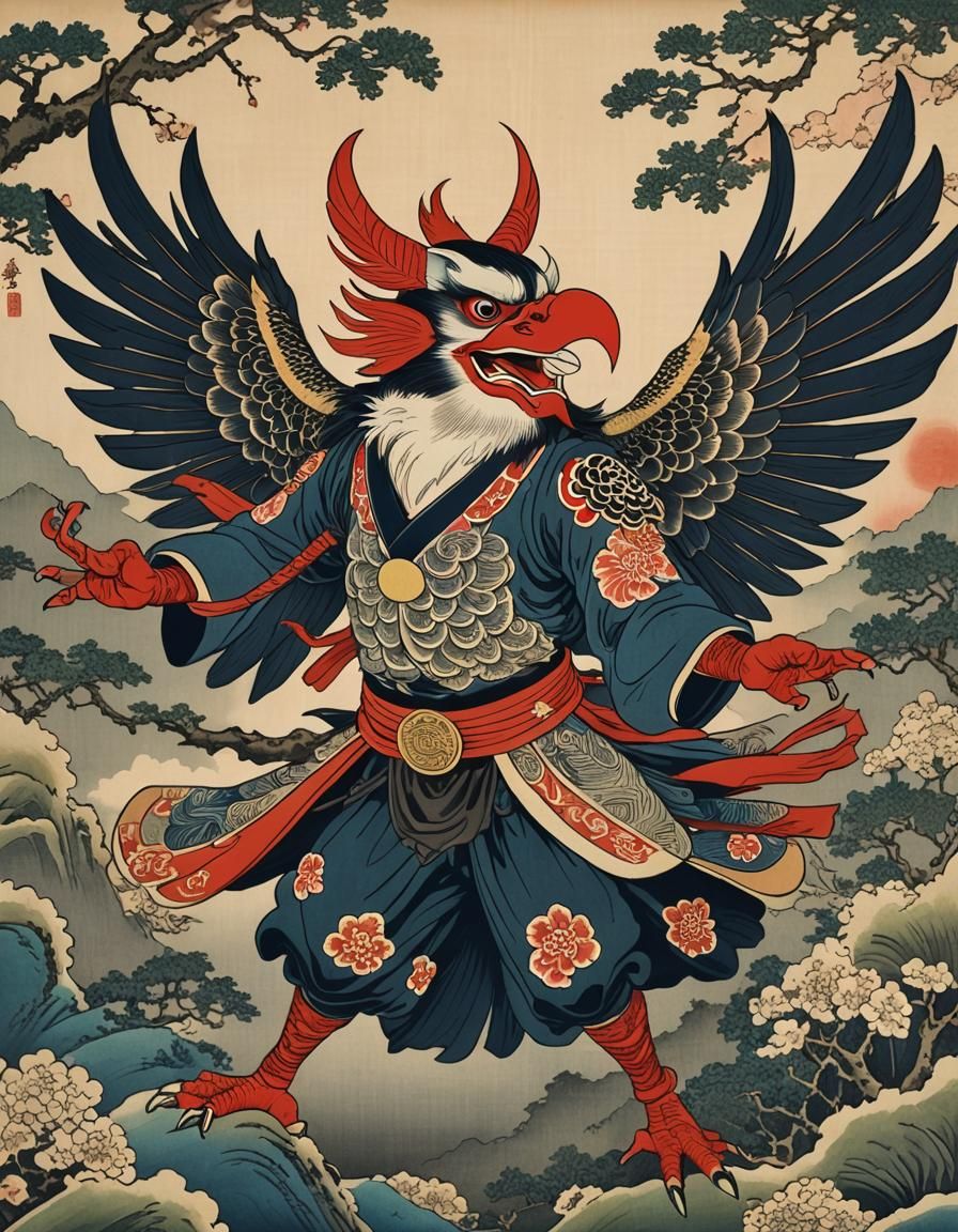Dancing Tengu Woodblock Print  by @daarling