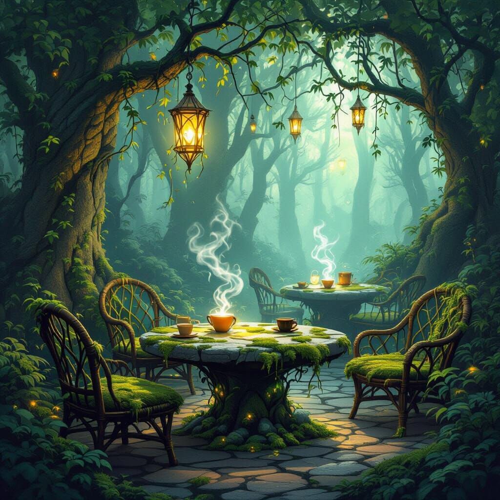 A mystical forest café where the tables are made of moss-covered stones and the chairs are woven from glowing vines. Enchanted brews steam f...