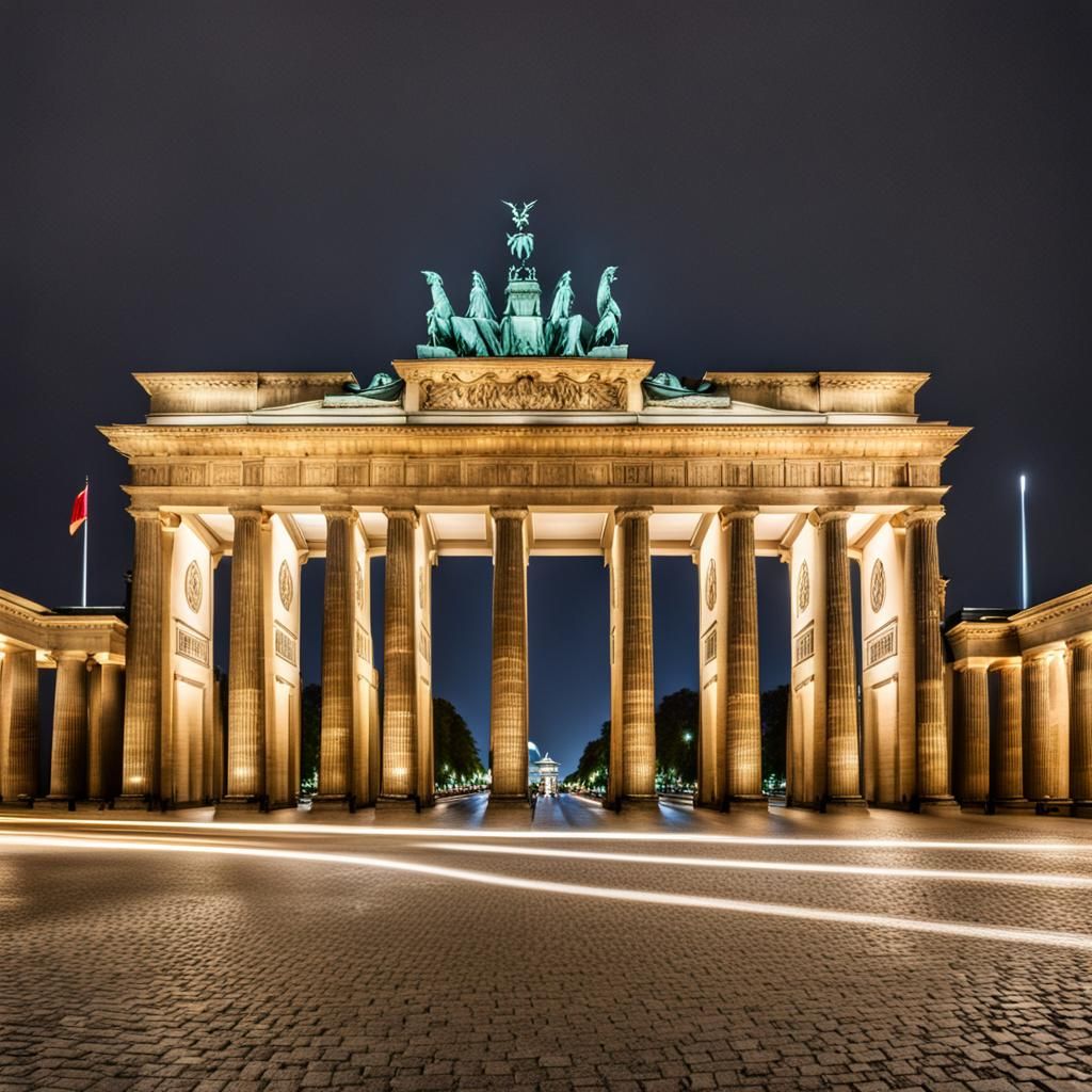 The historic Brandenburg Gate in Berlin illuminated at night...