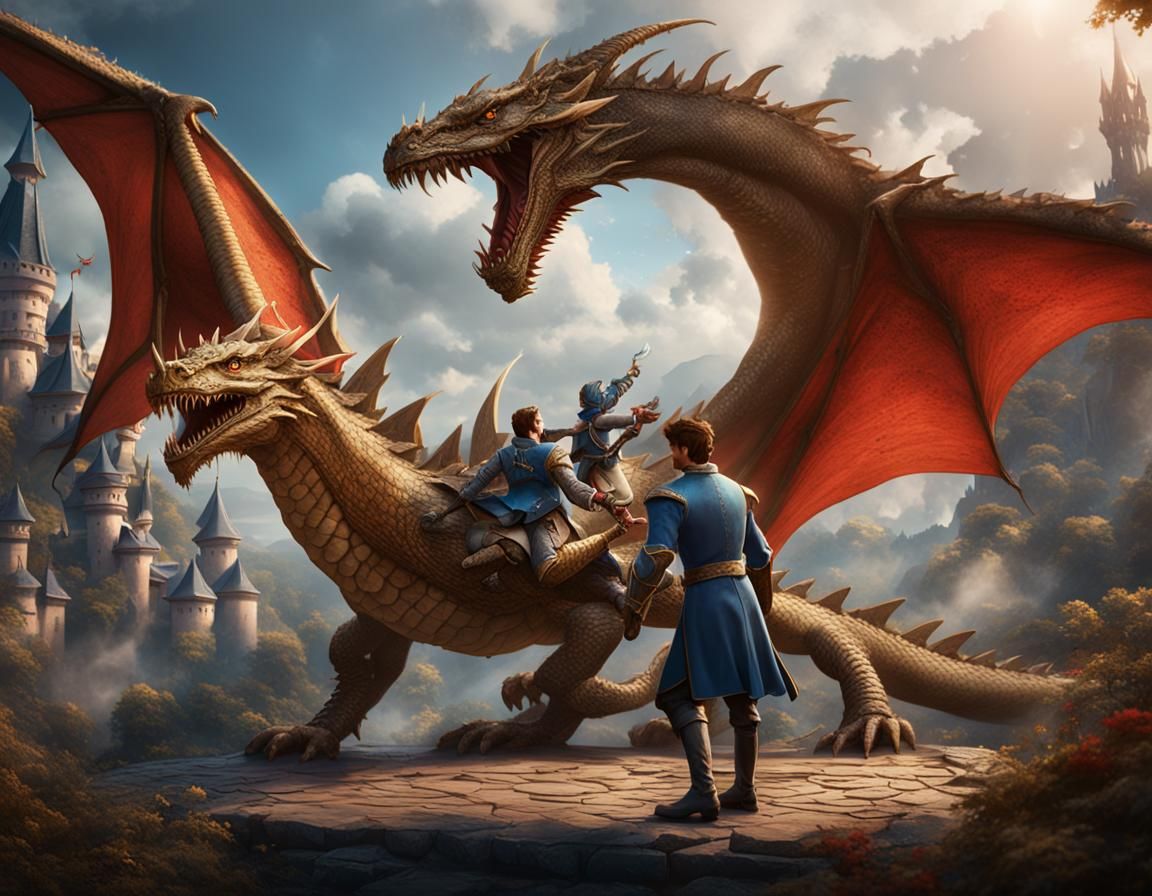 Prince Charming being grabbed by a dragon. detailed matte pa...