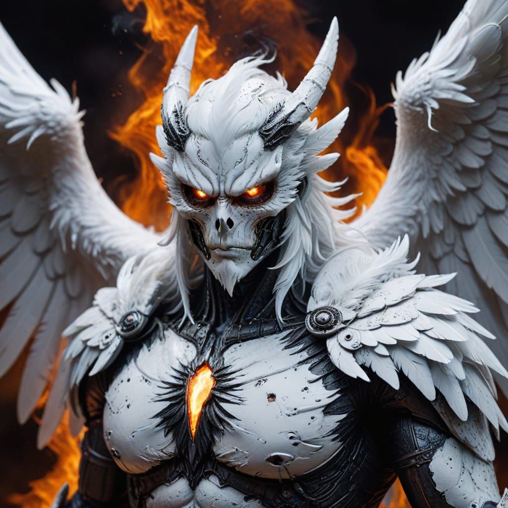 Close-up portrait, ultra-detailed, complex, Dark Angel, flame background, pure white demon, big, strong huge white feathered wings with claw...