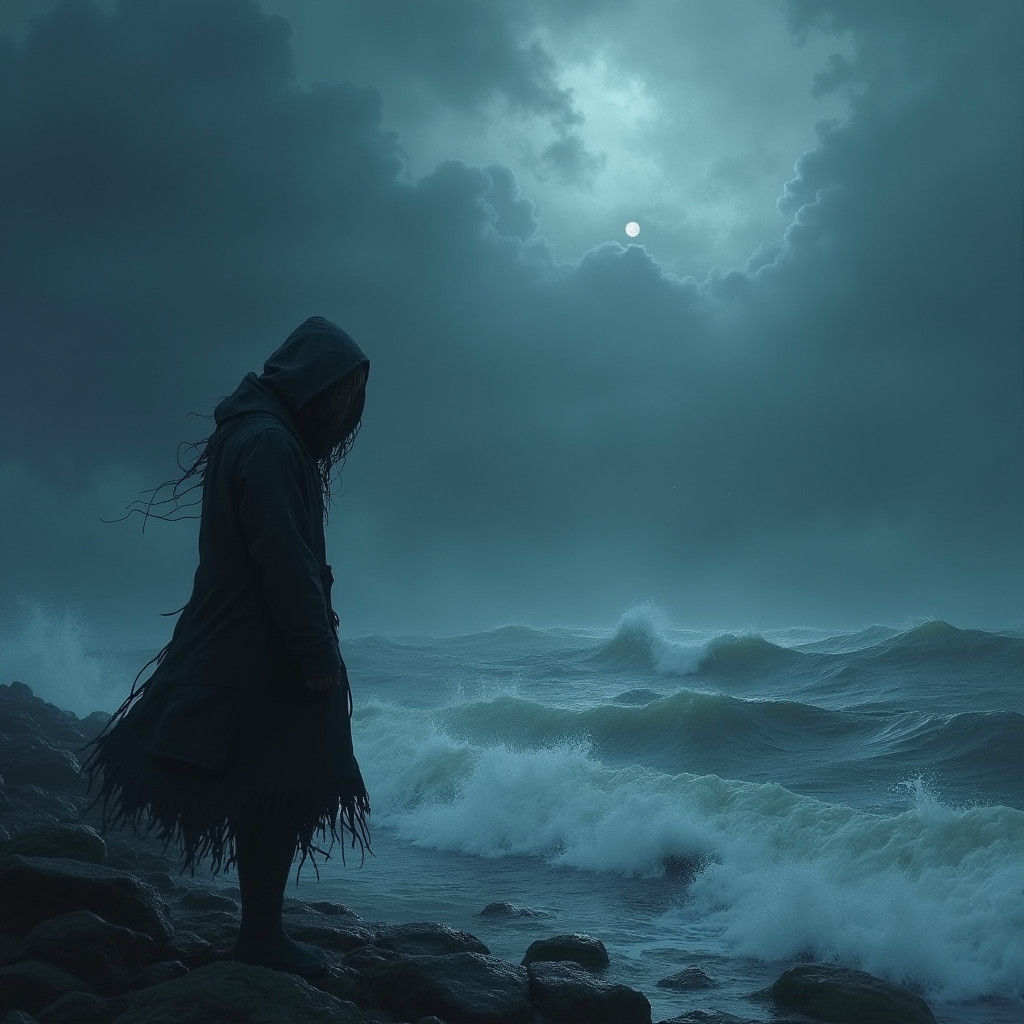 Create a poignant scene of a person standing at the edge of the sea, gazing out into the vast, dark ocean. The sky is heavy with storm cloud...
