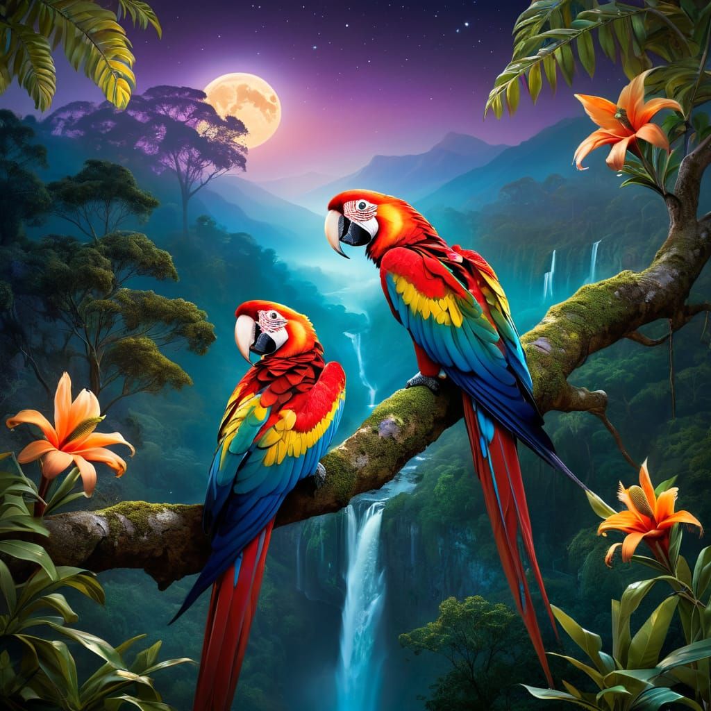 Pair of Macaws perched on a branch of a tree