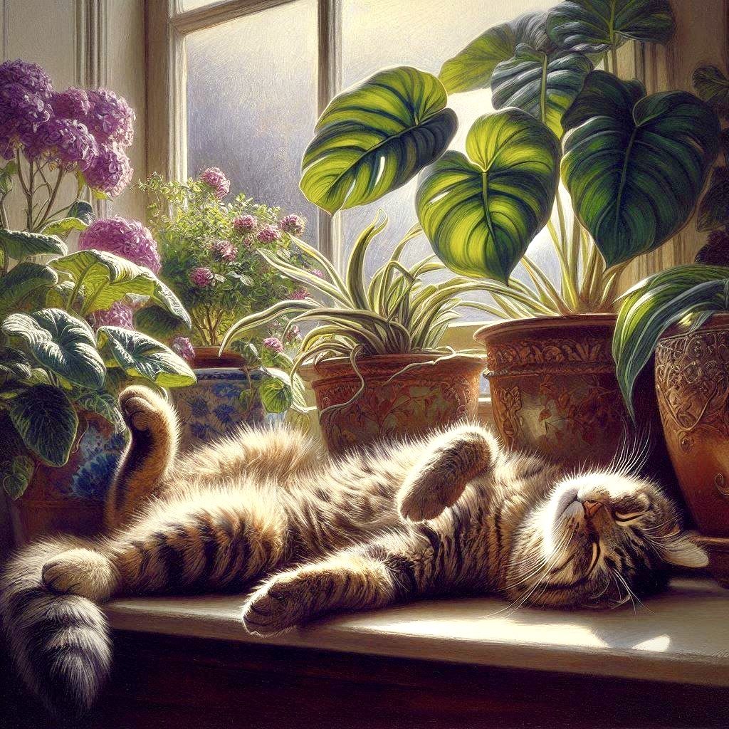 Tabby Cat in a Windowsill, Asleep—