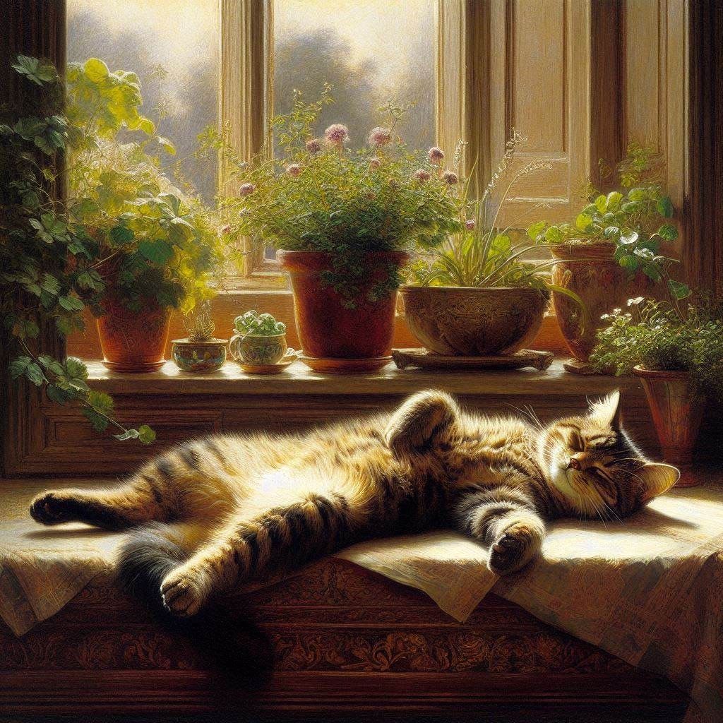 Tabby Cat in a Windowsill, Asleep— a series
