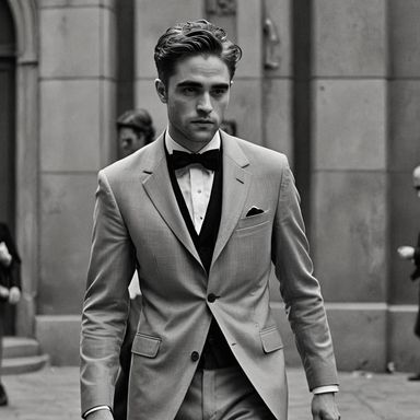 Black and white photoshoot of Robert Pattison, wearing a black bow tie ...