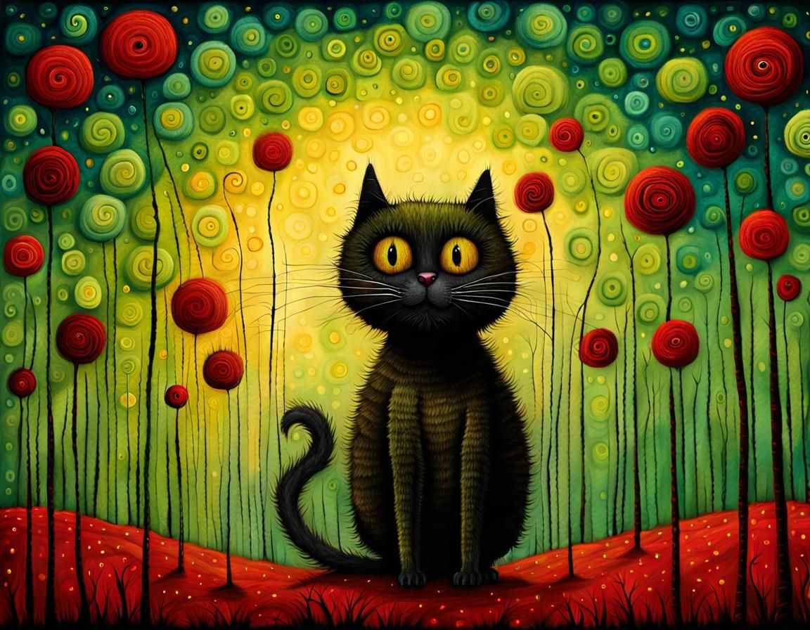 Kitty with Red Flowers