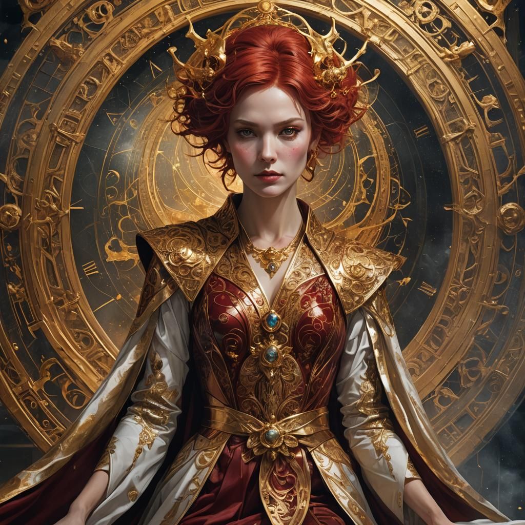 a sorceress of time, short crimson hair, robed in a gown tha...