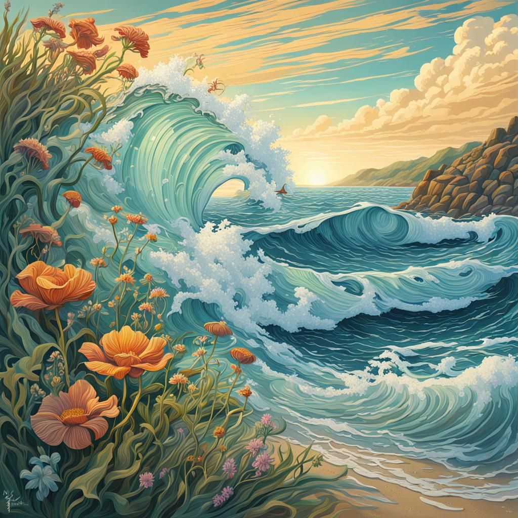 Ocean waves on a beach, wildflowers   by @GeekWorldMinion