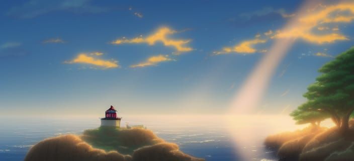 Lighthouse looking over sunset on water Studio Ghibli, Anime Key Visual, by Makoto Shinkai, Deep Color, Intricate, 8k re...