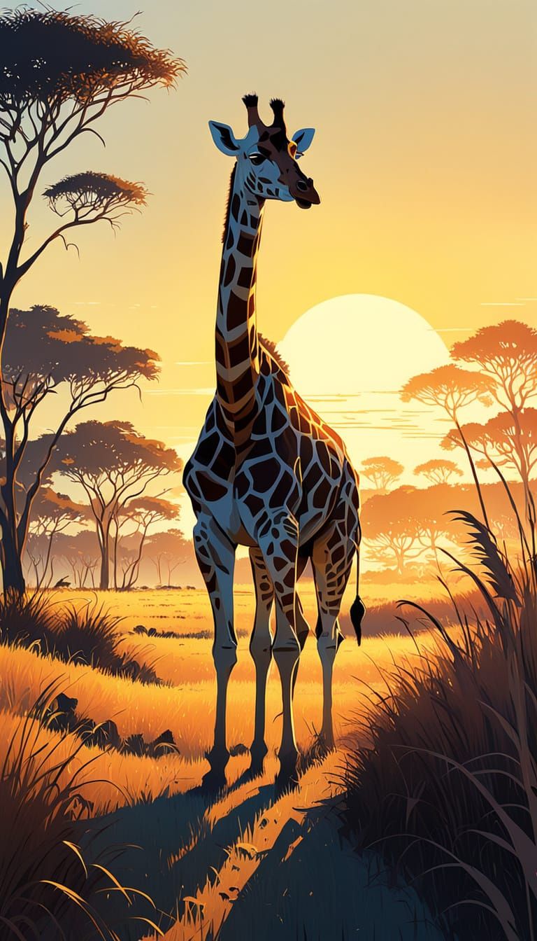 A giraffe in warm browns grazes peacefully in a golden-hour savanna, surrounded by abstract grass patterns, ...  by @Mthatha CHUMA 