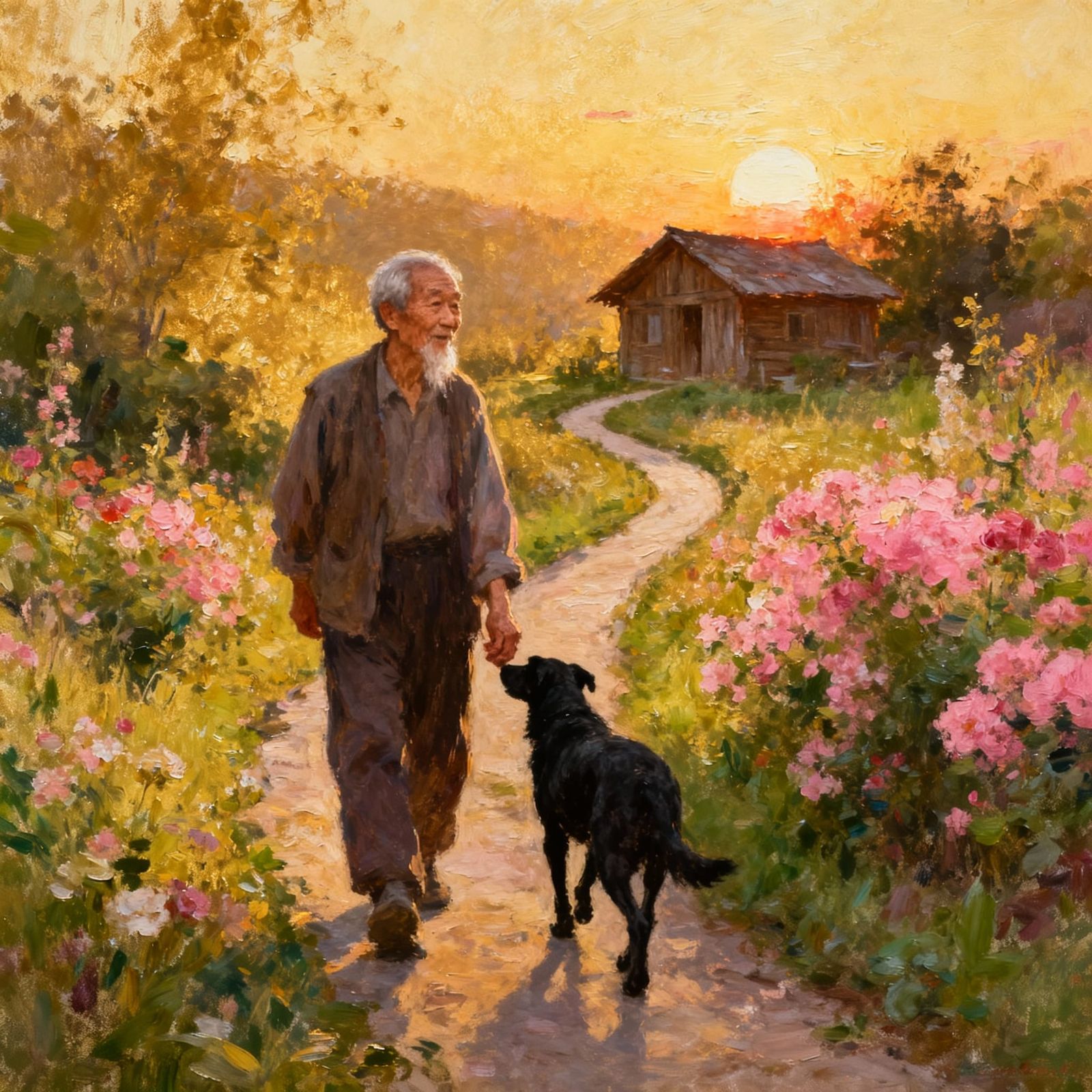 Elderly Man and Dog Walk Home Through Flower Lined Path