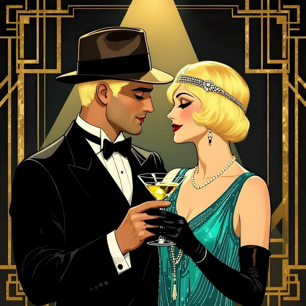man with hat and woman art deco style romantic martini
