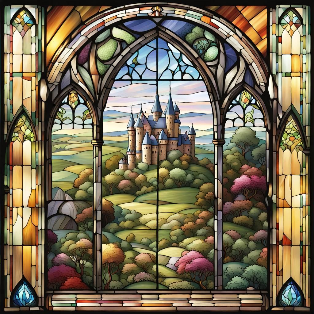 looking out of a window onto a fantasy world, a broken stain...