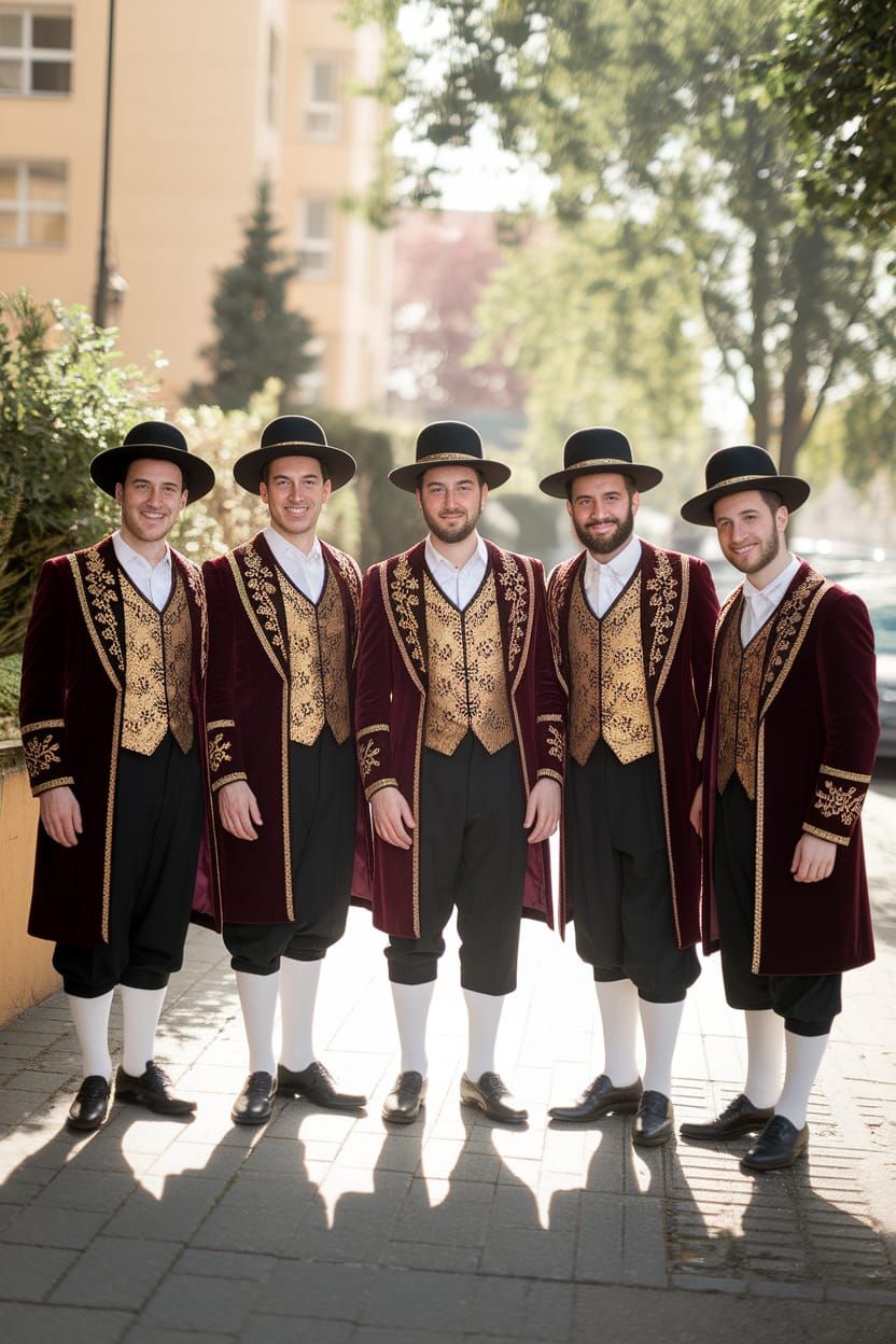 Young Haredi Men in Regal Costumes on a Sunlit Street