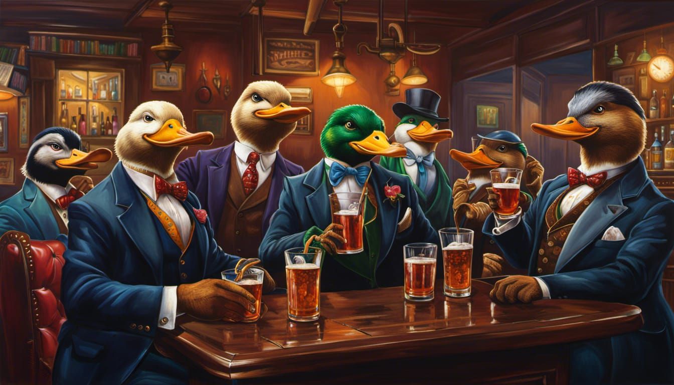 several ducks wearing suits drinking in a pub, Hyperrealistic, splash art, concept art, mid shot, intricately detailed, color depth, dramati...