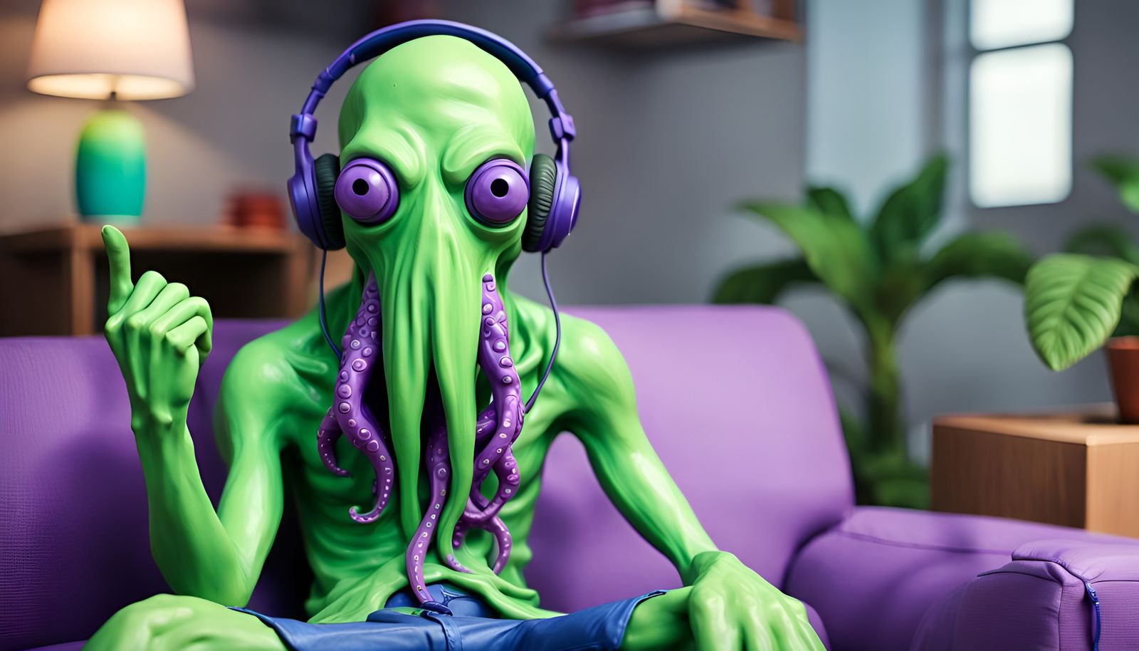 Video game concept art. Close up clay model concept art, of the head and shoulders of a stoned, neon green squid man, wi...