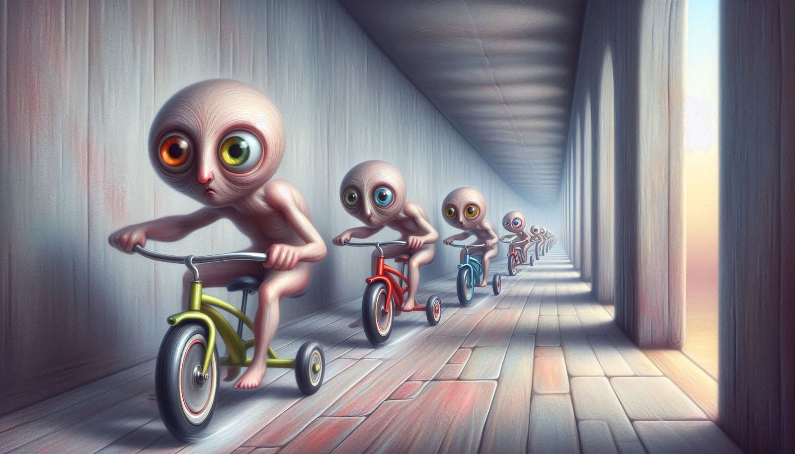 Surreal Funny Adults Racing Tricyles down a Hallway #2, prom...