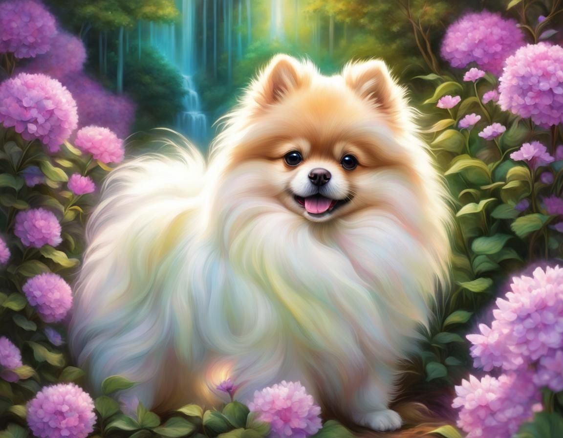 a picture of an ultrarealistic, cute, fluffy Pomeranian dog sitting on a porch swing. lanterns, flowers, moon, clouds, ocean, window - Start Image 2