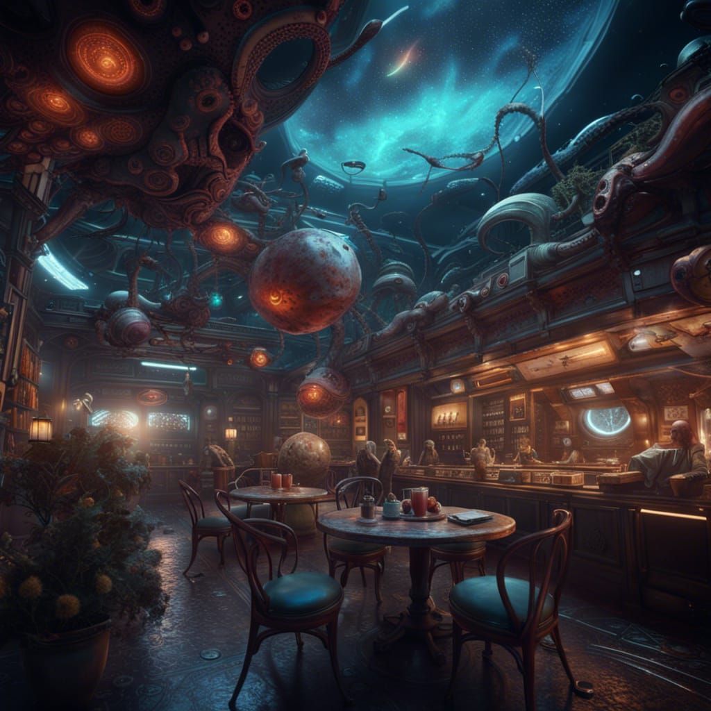 Café at the end of the universe full of alien life AI Generated