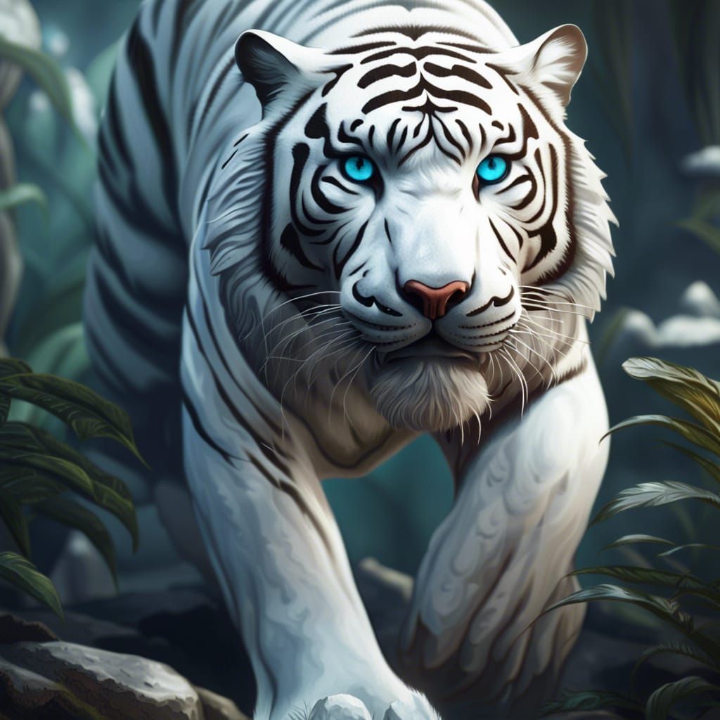 Detailed white tiger with
 the exotic backgound