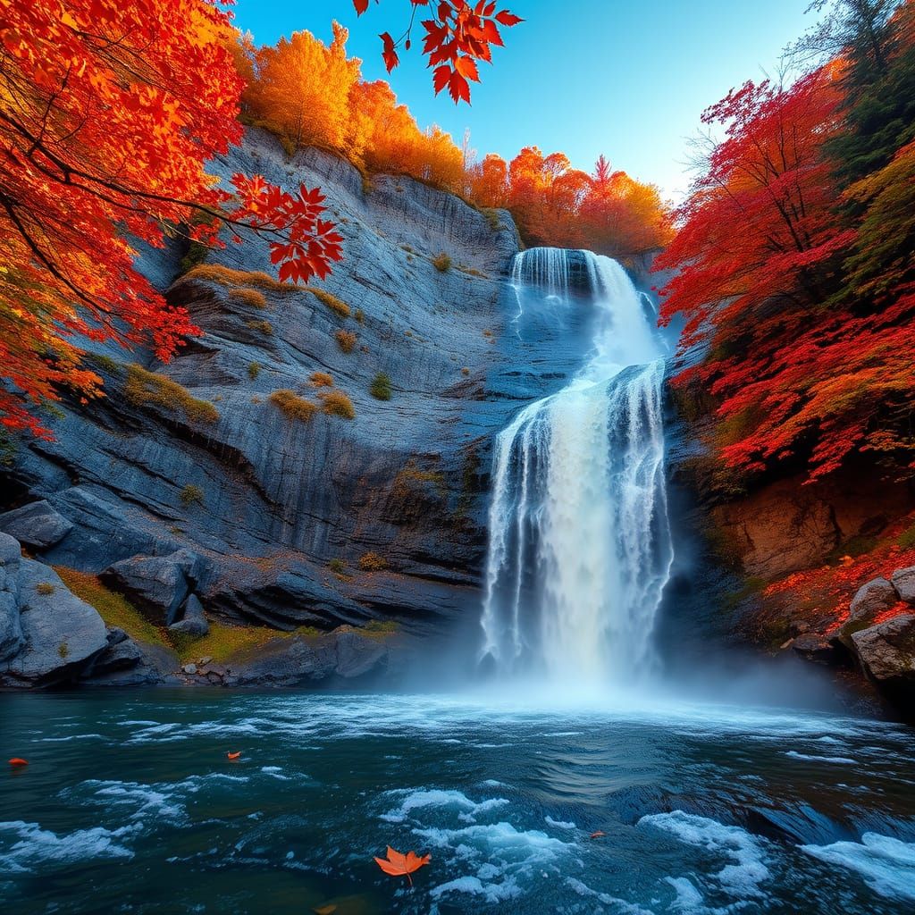 A photo realistic waterfall on mountainside with the autumn leaves on the trees and cascading down into ...  by @Dee