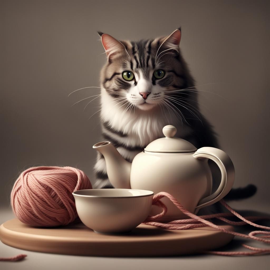 A beautiful cat on top of a teapot playing with yarn