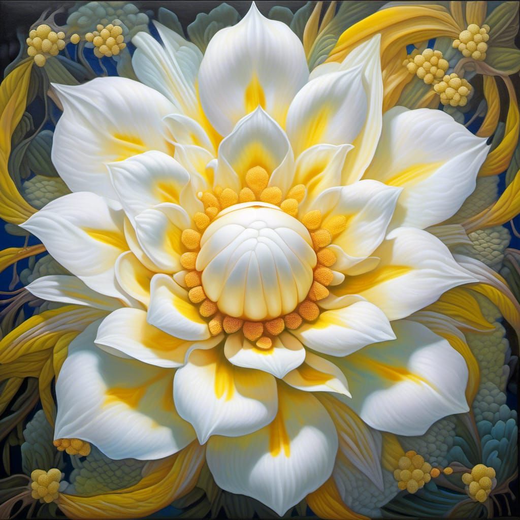 A Painting Of A White Flower With A Yellow Center, By Mark Arian 