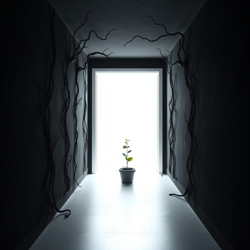 Darkness Leading to Whiteness with a Tiny Green Sprout