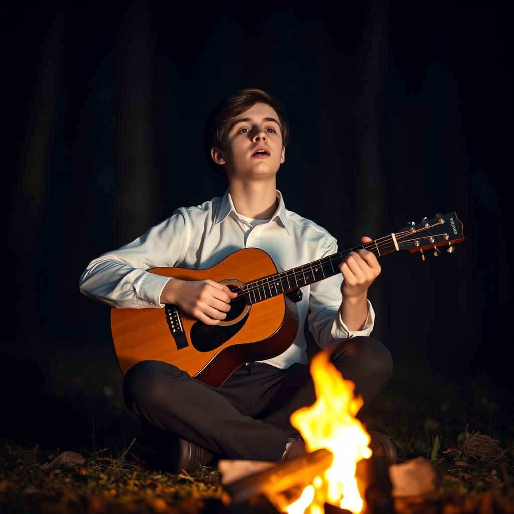 Boy with Guitar in Forest Campfire Scene