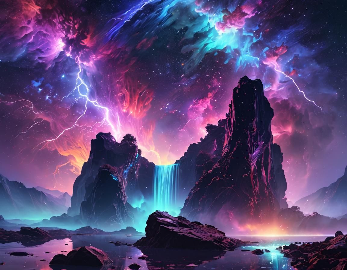 (UV Neon Colours), Inky Oil, misty waterfall, lightning (Holographic_Coloured_Nebula_Sky:2.1) Split Screen: ...  by @Varus