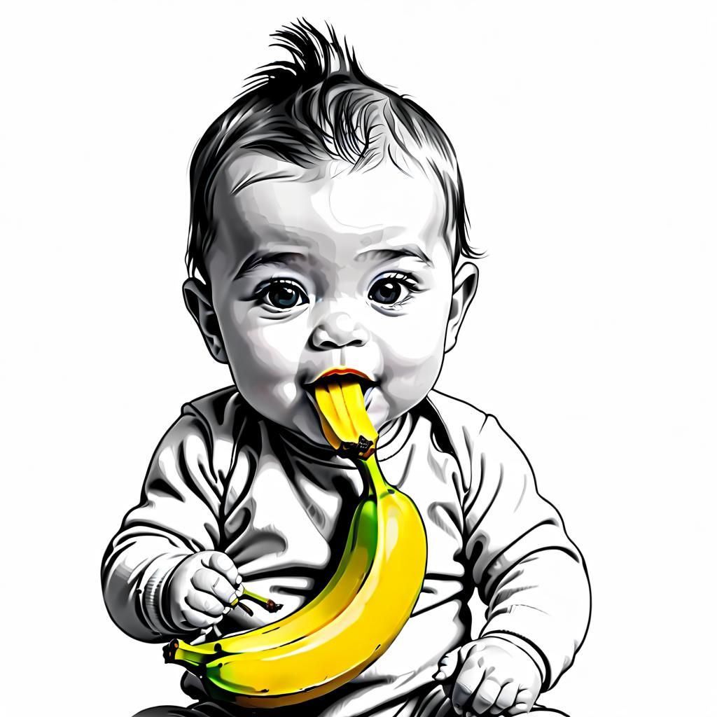 Baby drawing, eating banana
