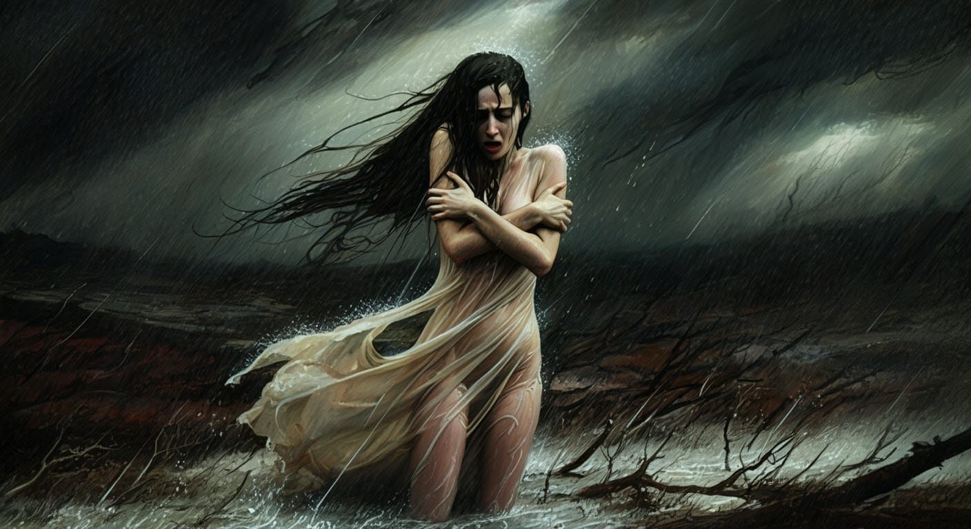 Tempestuous Woman in Barren Landscape: Dark Surrealism