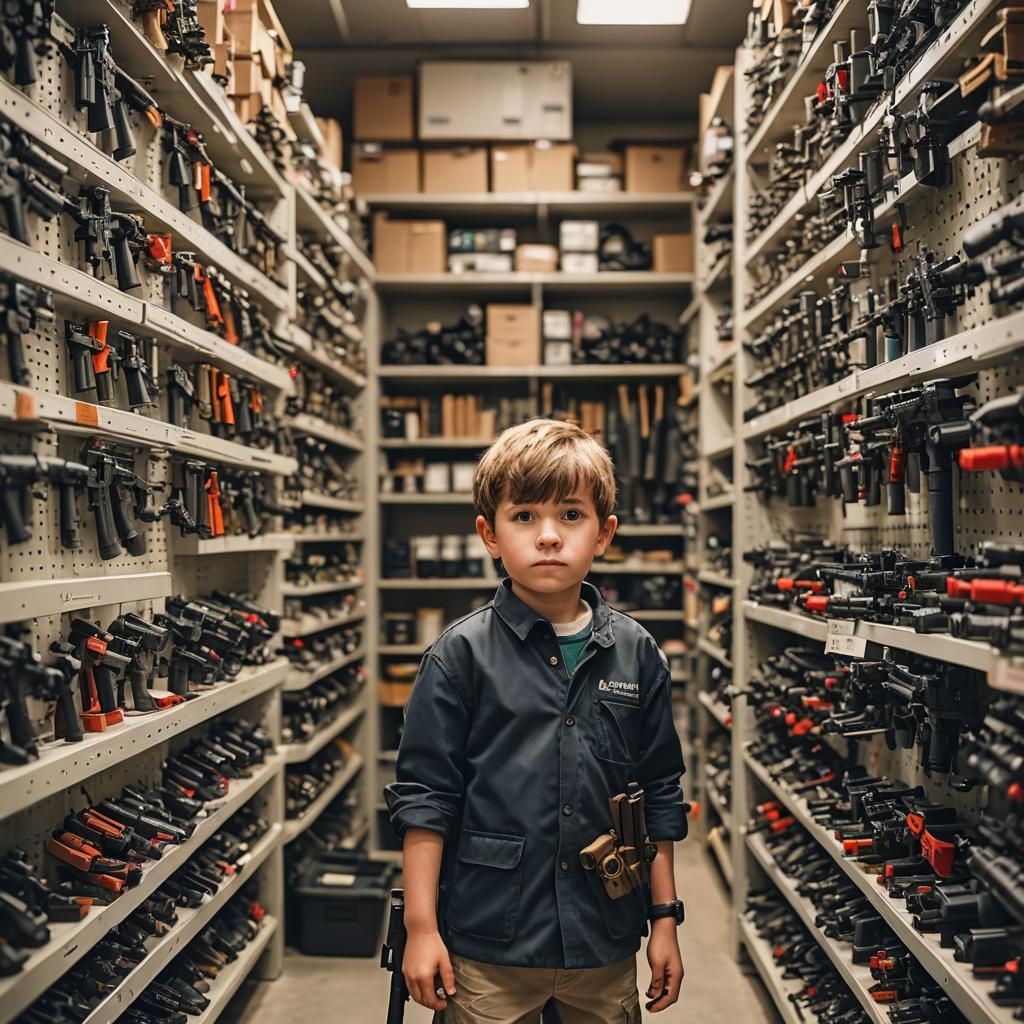 Little boy, in a weapon room