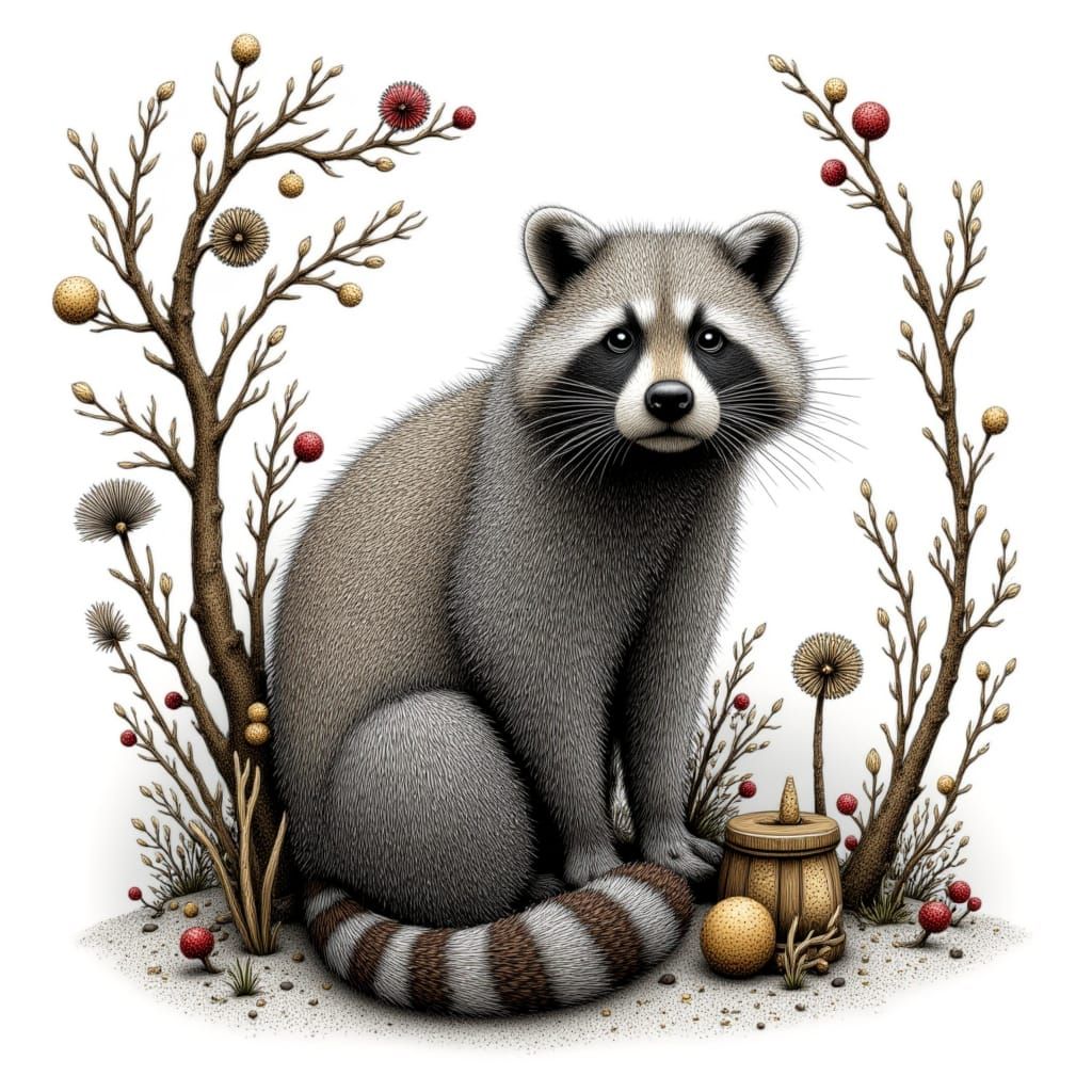 <lora:DOTSPEN:1.0> pointillism, hand-drawn illustration, raccoon