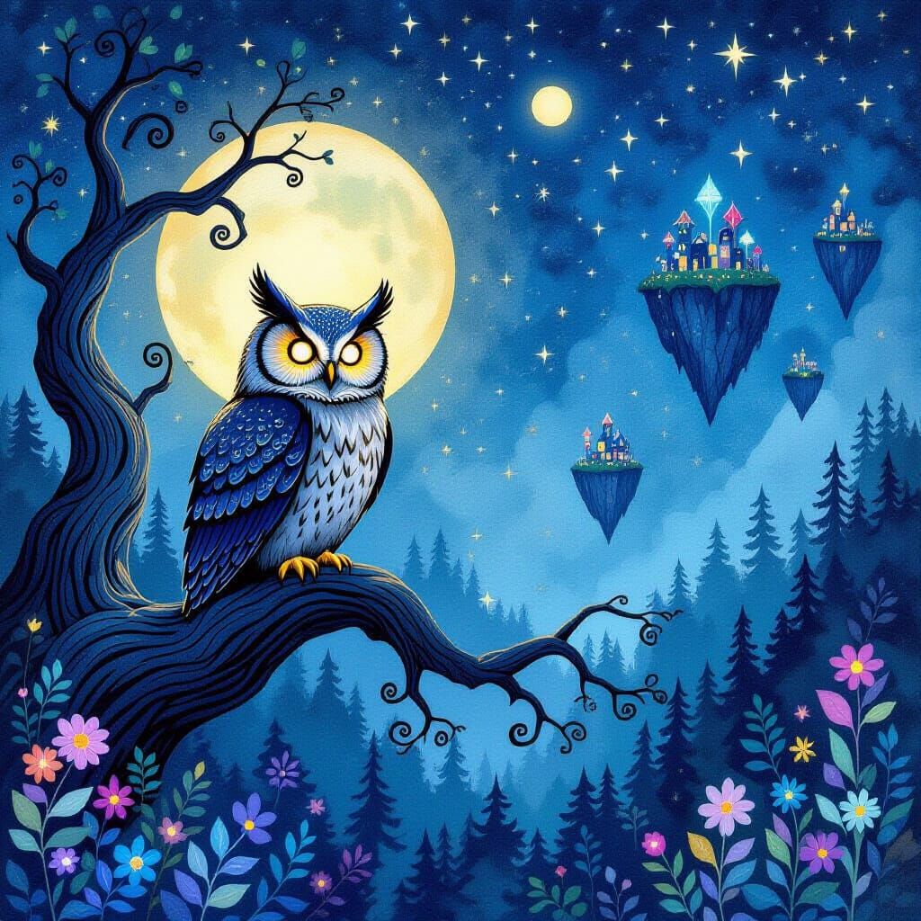 A wise old owl perched on a gnarled, ancient tree branch, it...