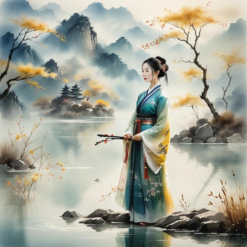 Serene Chinese Woman in Hanfu: Watercolor Painting