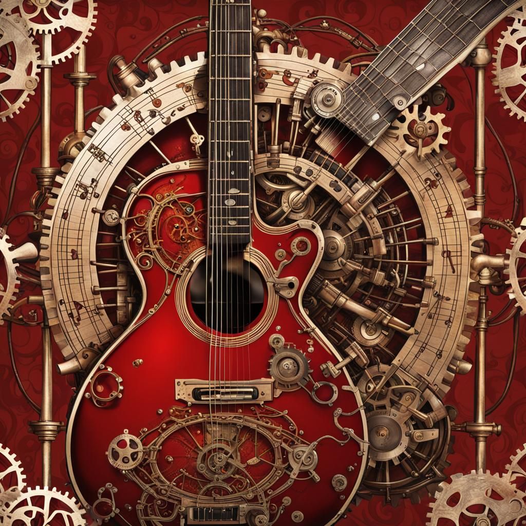 Guitar Tiffany style sunburst red music notes flowing out au...