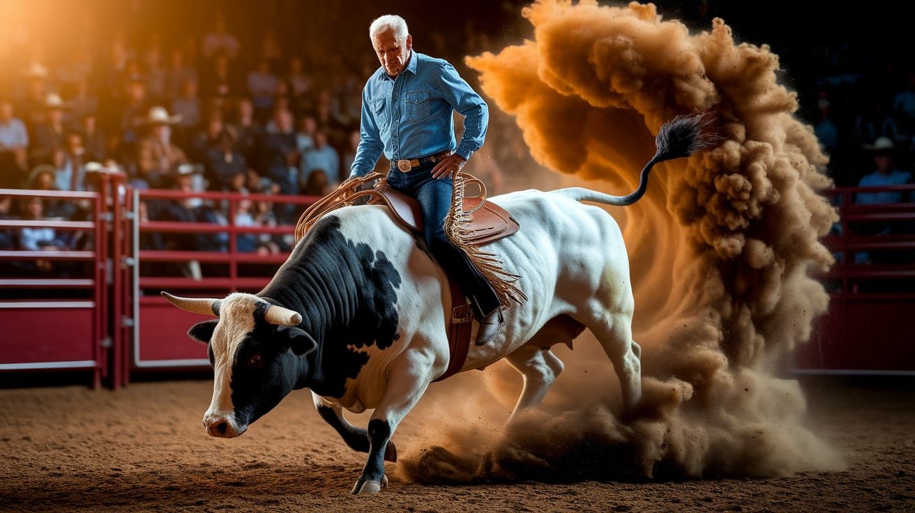 An eighty-year-old bull rider dressed in blue jean shirt black jeans riding a bucking gray and black ...  by @Ed Evans