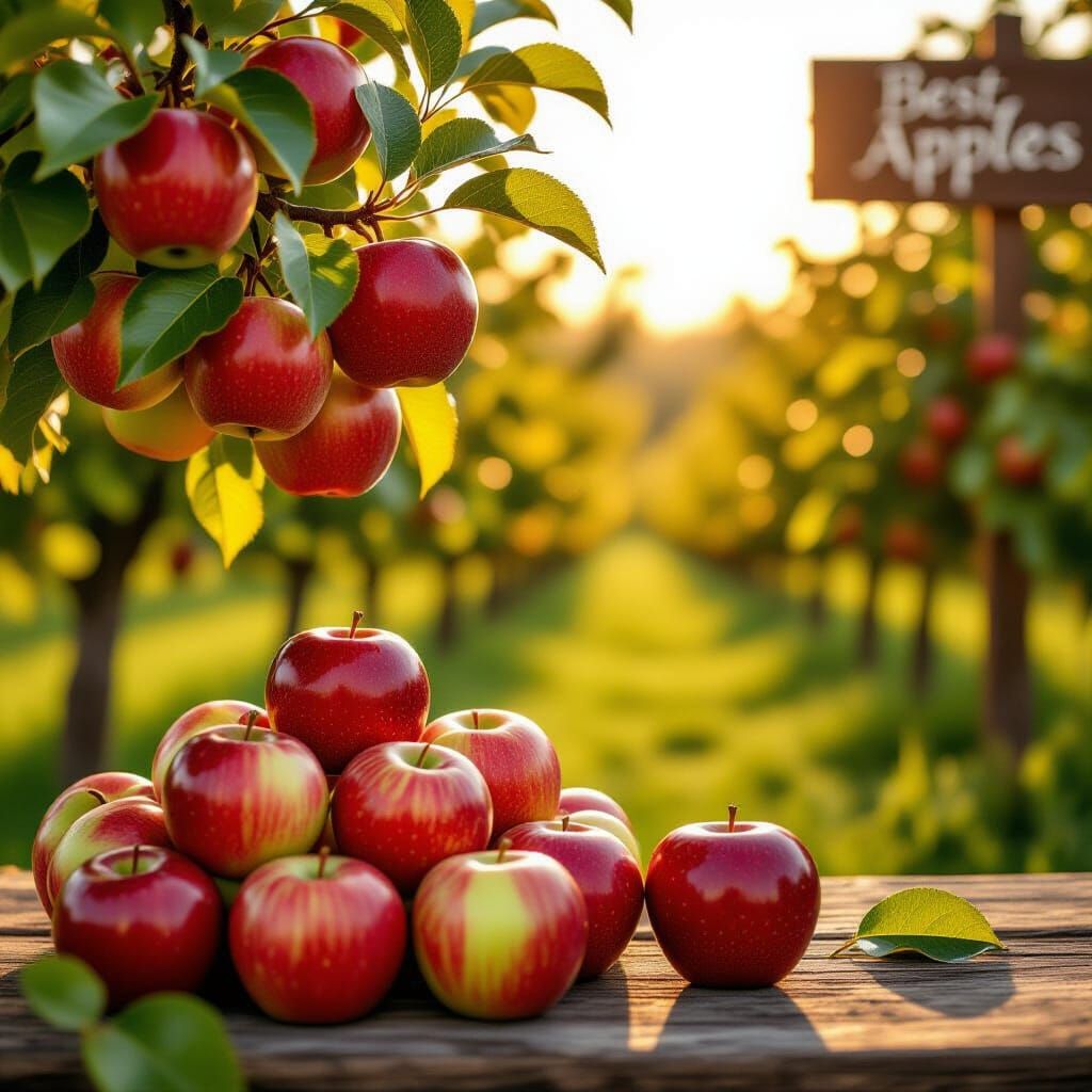 Vibrant Apple Orchard Advertisement in Golden Hour Light