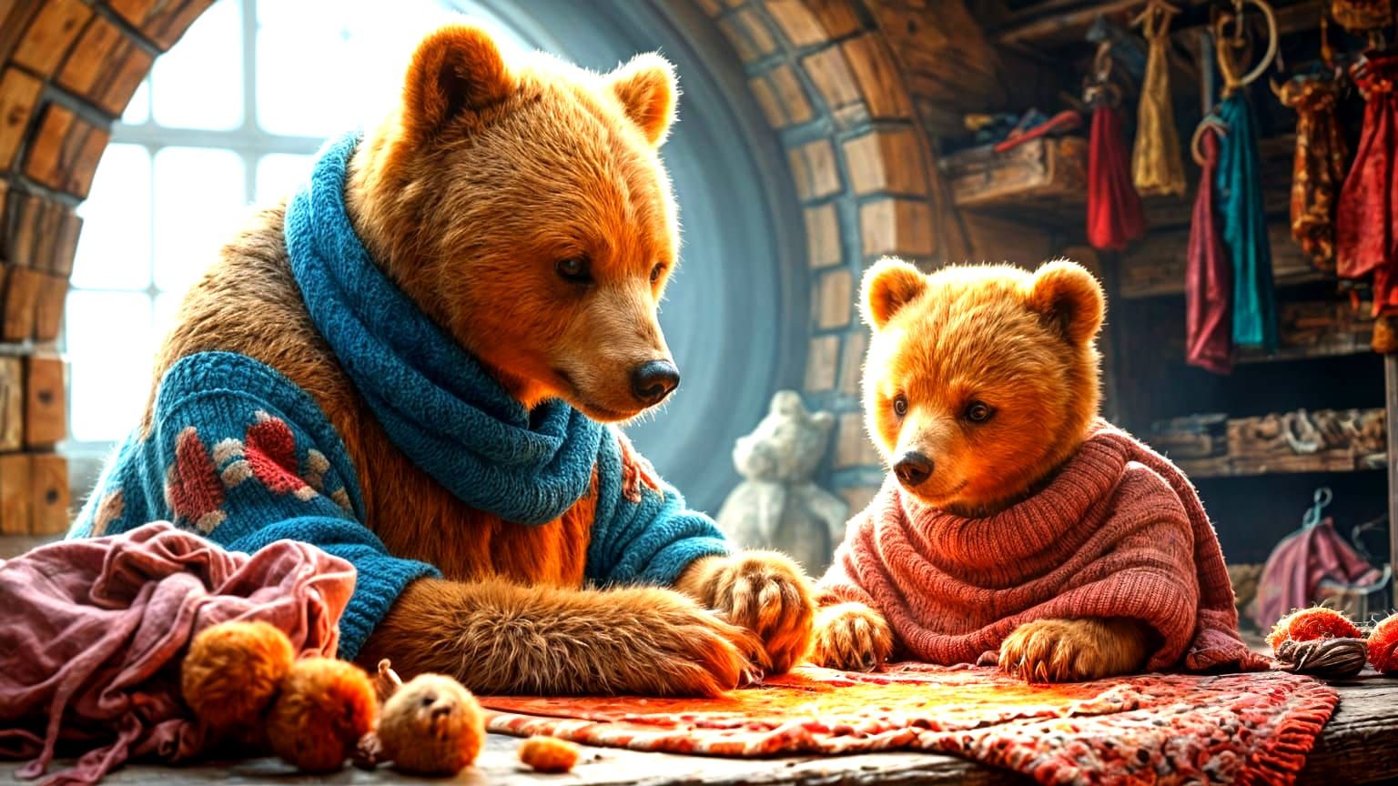 Secret Hobbies of Wildlife: Concept art. Central shot. Grandma bear and granddaughter bear are in a tailoring workshop in an igloo. Their ho...