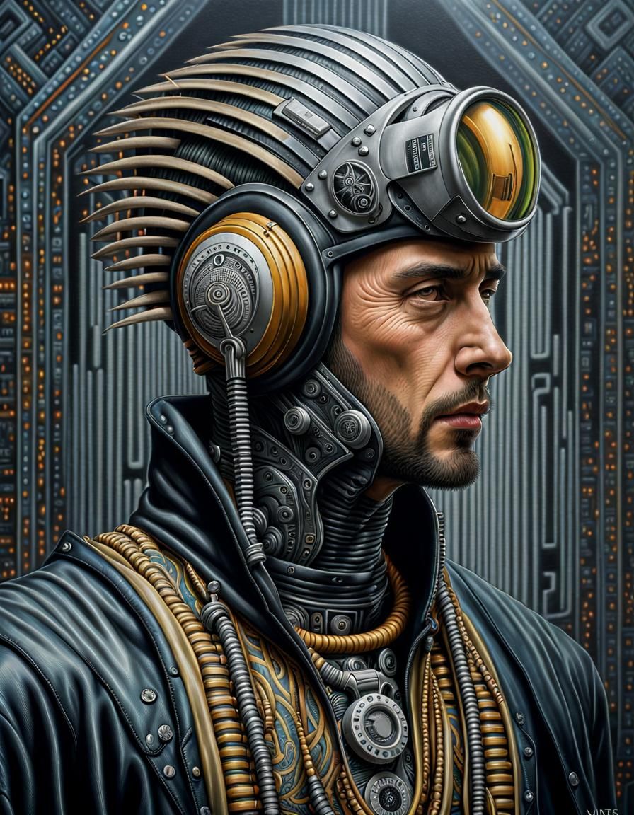 cyber punk guy, in leather and metal
