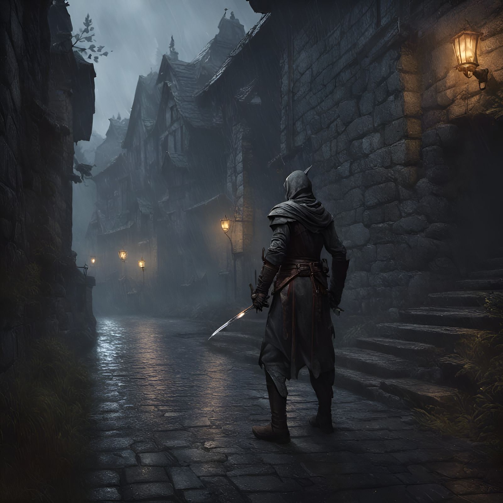 Rogue assassing luring behind a medieval wall on a rainy nig...