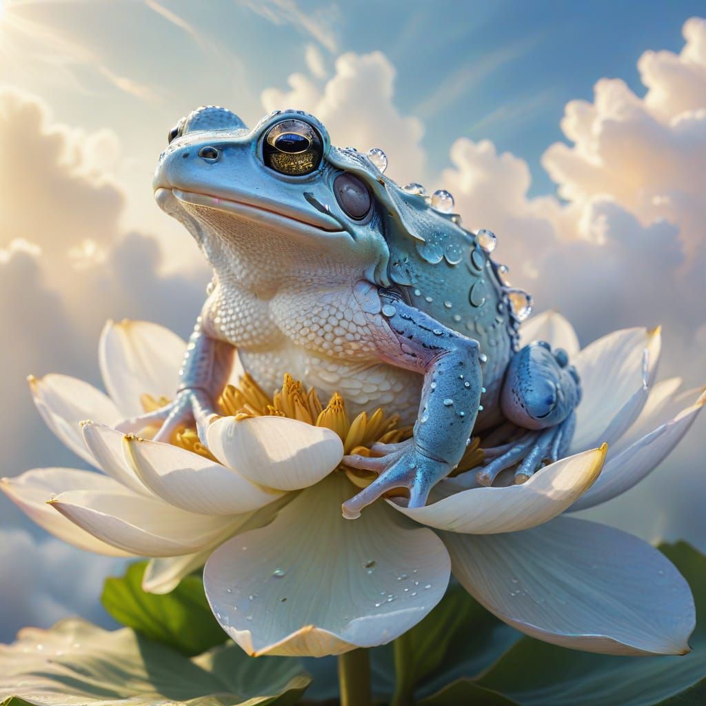 Peaceful Frog on Lotus Flower in Dreamy Fantasy