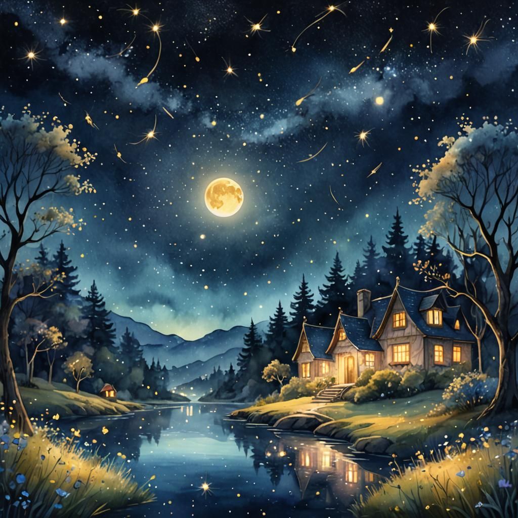 Whimsical night scene with a touch of magic. A peaceful landscape under a starry sky where dreams meet ...  by @Alvija