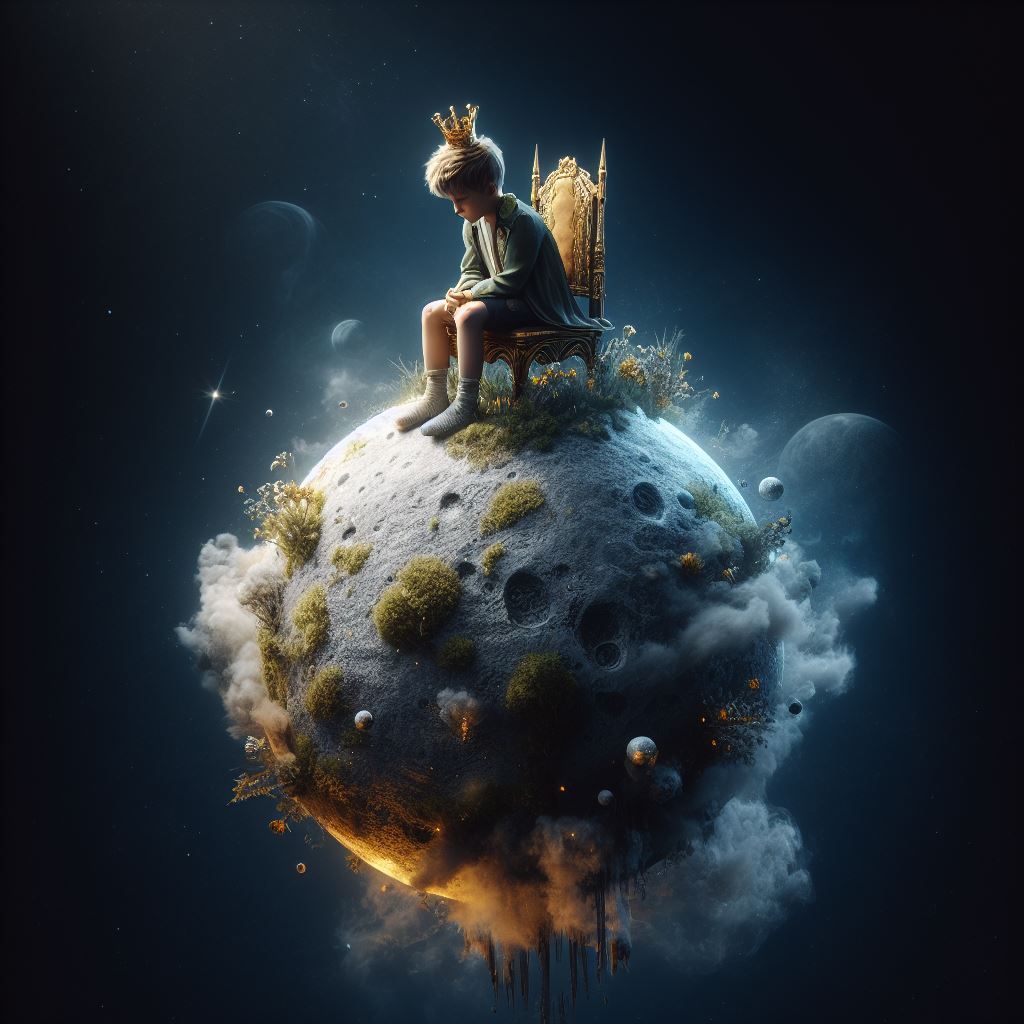 The Little Prince, Sitting on a Throne, on a tiny moon, floating in ...