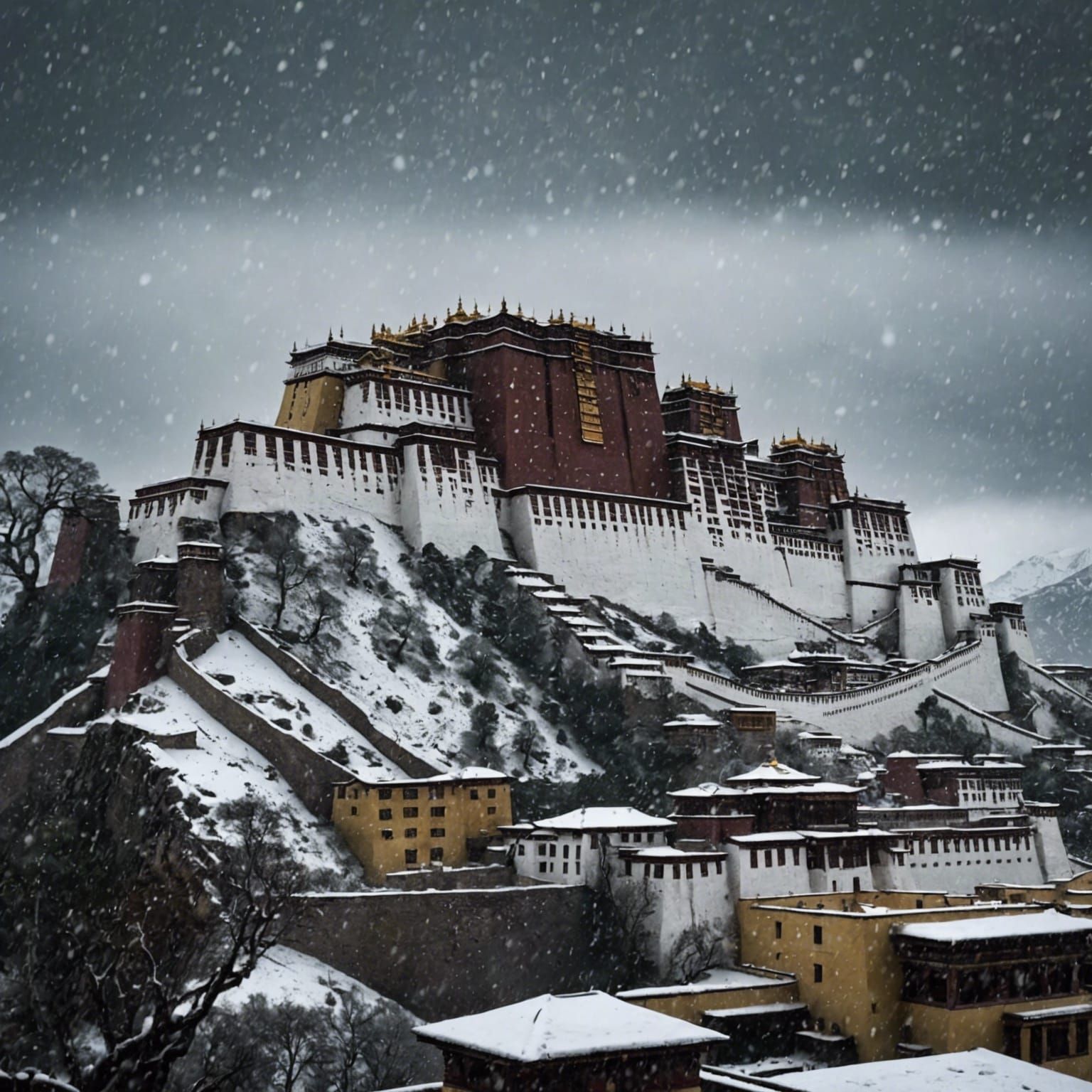Snowy Potala Palace and Kailash: Hyperrealistic HDR